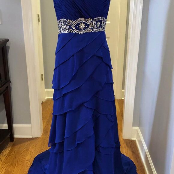 Royal Blue Formal Prom Party Long Gown Dress with Rhinestone Waist Size 4 - Picture 5 of 10